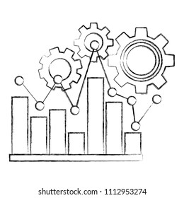 statistic bar graph pointed line and gears teamwork