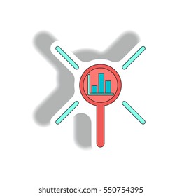 statistic bar graph under magnifier Vector illustration in paper sticker style of column chart and magnifier