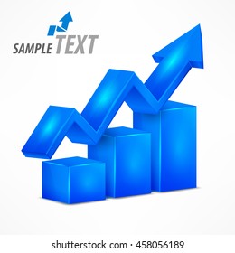 Statistic blue chart with arrow up on white infographic rising elements. Business analysis concept. Vector illustration