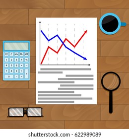 Statistic chart analysis, business diagram and calculator, vector illustration