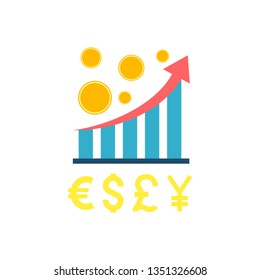 Statistic Chart with Coins. Statistic Chart with Coins and Different Currency Vector Flat Icon Isolated on White Background