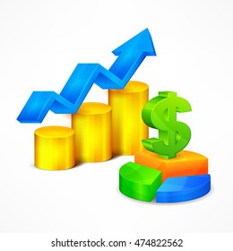 Statistic chart with dollar mark infographics rising arrow and money element. Business analysis concept. Vector illustration
