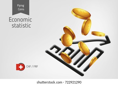 Statistic chart icon with flying Franc coins, finance concept. Vector illustration for print, websites, web design, mobile app, infographics.