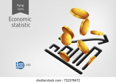 Statistic chart icon with flying Greek Drachma coins, finance concept. Vector illustration for print, websites, web design, mobile app, infographics.