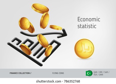 Statistic chart icon with flying Islamic Rial coins, finance concept. Vector illustration for print, websites, web design, mobile app, infographics.
