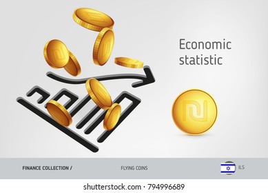 Statistic chart icon with flying Israeli New Shekel coins, finance concept. Vector illustration for print, websites, web design, mobile app, infographics.