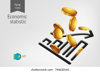 Statistic chart icon with flying Kazakhstani tenge coins, finance concept. Vector illustration for print, websites, web design, mobile app, infographics.