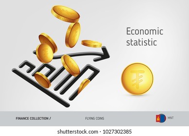 Statistic chart icon with flying Mongolian Tughrik coins, finance concept. Vector illustration for print, websites, web design, mobile app, infographics.