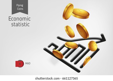 Statistic chart icon with flying Moroccan Dirham coins, finance concept.