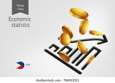 Statistic chart icon with flying Philippine Peso coins, finance concept.