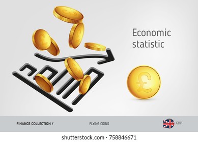 Statistic chart icon with flying Pound Sterling coins, finance concept. Vector illustration for print, websites, web design, mobile app, infographics.