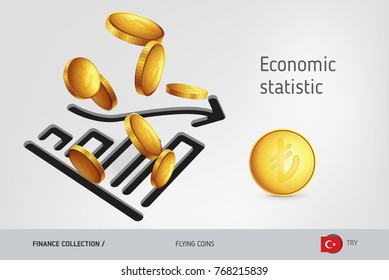 Statistic chart icon with flying Turkish Lira coins, finance concept. Vector illustration for print, websites, web design, mobile app, infographics.