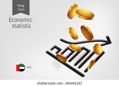 Statistic chart icon with United Arab Emirates dirham coins, finance concept.
