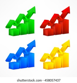 Statistic color chart with arrow up on white infographic rising elements. Business analysis concept. Vector illustration