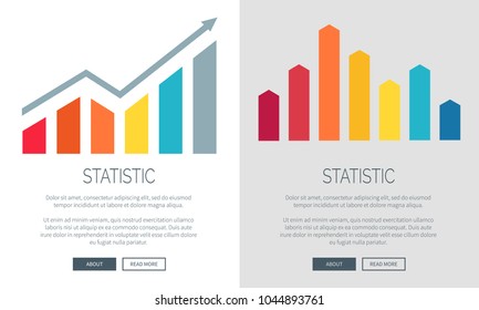 Statistic colorful charts on promo Internet banners set. Visualization of statistical data in form of chart composed of bars vector illustrations.