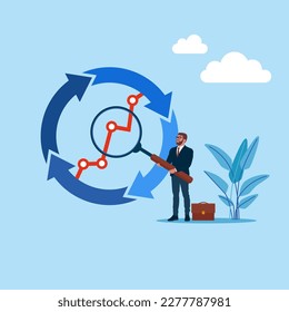 Statistic or data analysis concept. Businessman with magnifier on economic cycle diagram. Flat vector illustration