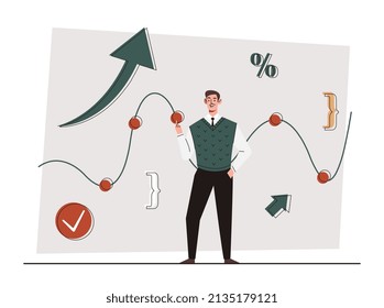 Statistic data measurement. Man looks at charts. Evaluation of investments and growth of companies. Successful businessman or entrepreneur, financial literacy. Cartoon flat vector illustration