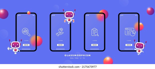Statistic data set icon. Information, gear, chart, diagram, clipboard, website window. Business concept. Glassmorphism. UI phone app screens with robots. Vector line icon for Business and Advertising.