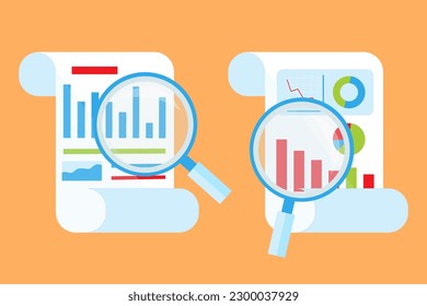 Statistic document with magnifier in a flat design. Inspection document in clipboard