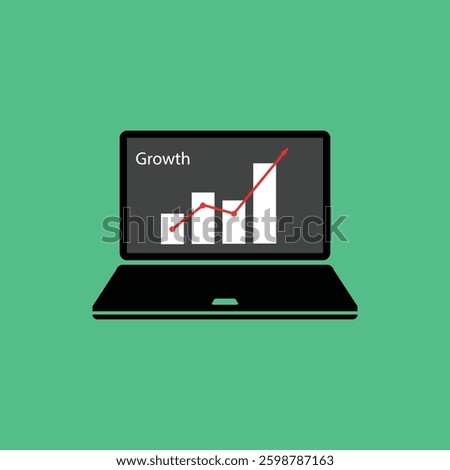 statistic graph in cartoon laptop like growth. concept of expansion indicator for expense or productivity profit rise or gain info. flat style trend modern simple design isolated on green background