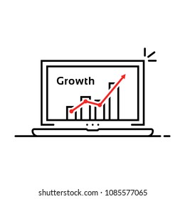 statistic graph icon in thin line laptop. flat linear trend modern graphic lineart profit design isolated on white background. concept of productivity gain info or expansion indicator for expense