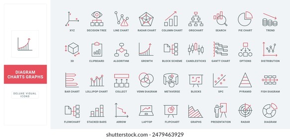 Statistic graph progress, financial profit growth, increase and decrease line icons set. Infographic charts with arrow, circles and bars thin black and red outline symbols vector illustration