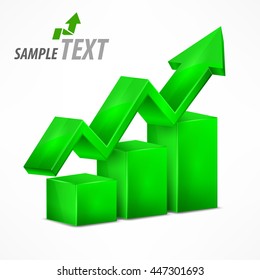 Statistic green chart with arrow up on white infographic rising elements. Business analysis concept. Vector illustration