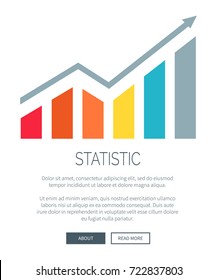 Statistic and growing diagram of grey, blue and yellow colors, with text sample and headline below the picture, internet buttons vector illustration