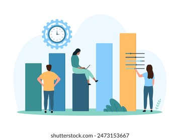 Statistic growth analysis, analytics of financial chart up for business progress. Tiny people work with digital stats, analyzing higher boost of vertical columns data graph cartoon vector illustration