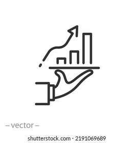 statistic of growth icon, man holding success graph, stock chart, thin line symbol on white background - editable stroke vector illustration