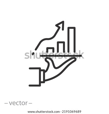 statistic of growth icon, man holding success graph, stock chart, thin line symbol on white background - editable stroke vector illustration