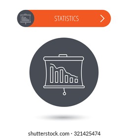 Statistic icon. Presentation board sign. Defaulted chart symbol. Gray flat circle button. Orange button with arrow. Vector