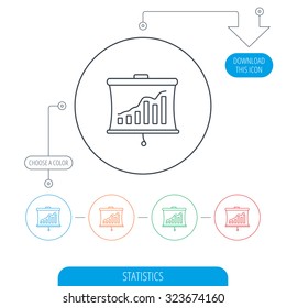 Statistic icon. Presentation board sign. Growth chart symbol. Line circle buttons. Download arrow symbol. Vector