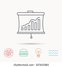 Statistic icon. Presentation board sign. Growth chart symbol. Global connect network, ocean wave and burger icons. Lightbulb lamp symbol.