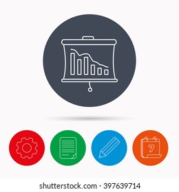Statistic icon. Presentation board sign. Defaulted chart symbol. Calendar, cogwheel, document file and pencil icons.