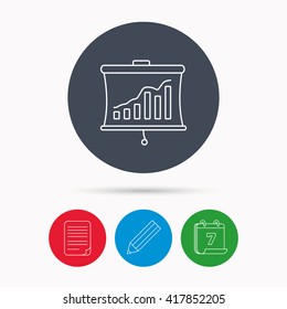 Statistic icon. Presentation board sign. Growth chart symbol. Calendar, pencil or edit and document file signs. Vector