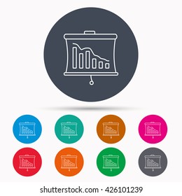Statistic icon. Presentation board sign. Defaulted chart symbol. Icons in colour circle buttons. Vector