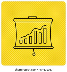 Statistic icon. Presentation board sign. Growth chart symbol. Linear icon on orange background. Vector