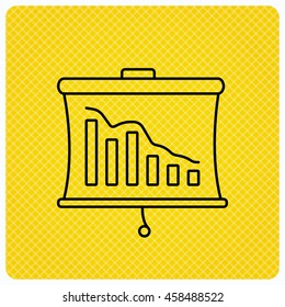 Statistic icon. Presentation board sign. Defaulted chart symbol. Linear icon on orange background. Vector