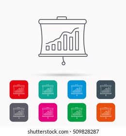 Statistic icon. Presentation board sign. Growth chart symbol. Linear icons in squares on white background. Flat web symbols. Vector