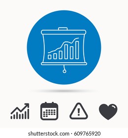Statistic icon. Presentation board sign. Growth chart symbol. Calendar, attention sign and growth chart. Button with web icon. Vector