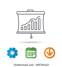 Statistic icon. Presentation board sign. Growth chart symbol. Calendar, cogwheel and download arrow signs. Colored flat web icons. Vector