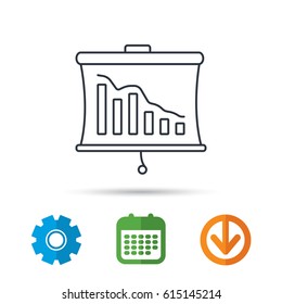 Statistic icon. Presentation board sign. Defaulted chart symbol. Calendar, cogwheel and download arrow signs. Colored flat web icons. Vector