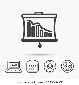 Statistic icon. Presentation board sign. Defaulted chart symbol. Notebook, Calendar and Cogwheel signs. Download arrow web icon. Vector