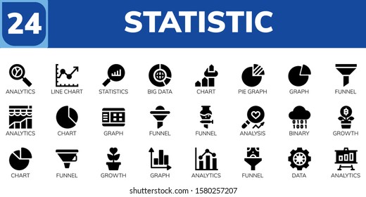 statistic icon set. 24 filled statistic icons.  Simple modern icons about  - Analytics, Line chart, Statistics, Big data, Chart, Pie graph, Graph, Funnel, Analysis, Binary, Growth
