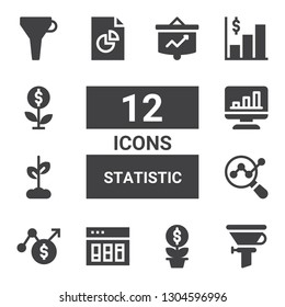 statistic icon set. Collection of 12 filled statistic icons included Funnel, Growth, Analytics, Chart, Graph