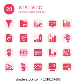 statistic icon set. Collection of 20 filled statistic icons included Funnel, Data, Chart, Growth, Analytics, Anywhere, Increase, Graph, Technology