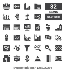 statistic icon set. Collection of 32 filled statistic icons included Analytics, Margin, Pyramid chart, Growth, Data, Graph, Research, Funnel, Chart, Anywhere, Percentage, Increase