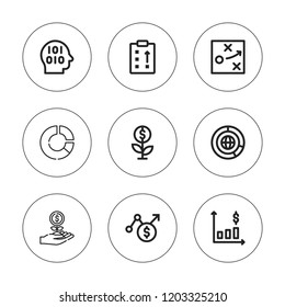 Statistic icon set. collection of 9 outline statistic icons with big data, chart, binary, graph, growth, strategy icons. editable icons.