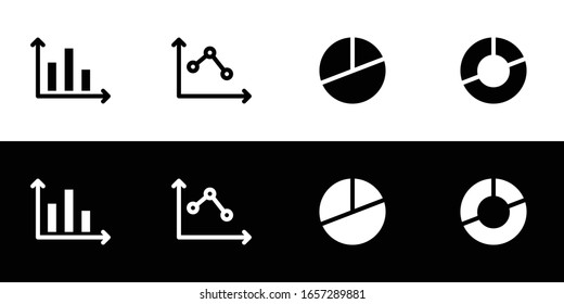 Statistic icon set. Flat design icon collection isolated on black and white background. Type of statistical diagram. Bar, line, pie, and ring.